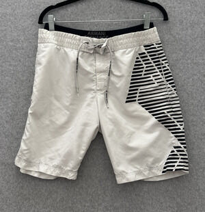 Armani Exchange Men's Graphic Print Swim Trunks Shorts Sz S White Black Lined